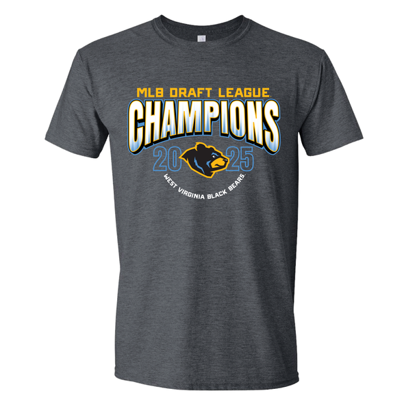 Gray t-shirt with 'MLB Draft League Champions 2025 West Virginia Black Bears' text and logo on a white background