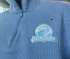 Blue pullover with 'Black Bears' logo on a textured fabric background